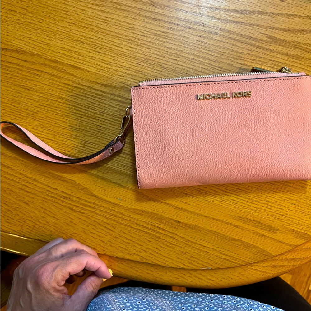 Michael Kors pink wristlet with gold hardware